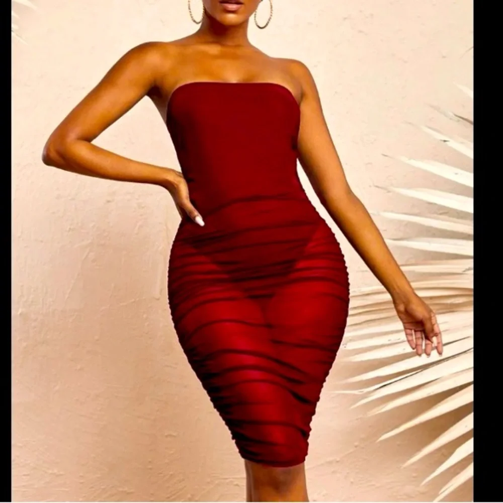 New Maroon Dark Red Semi Sheer Tube Top Bodycon Dress XS - Picture 1 of 4